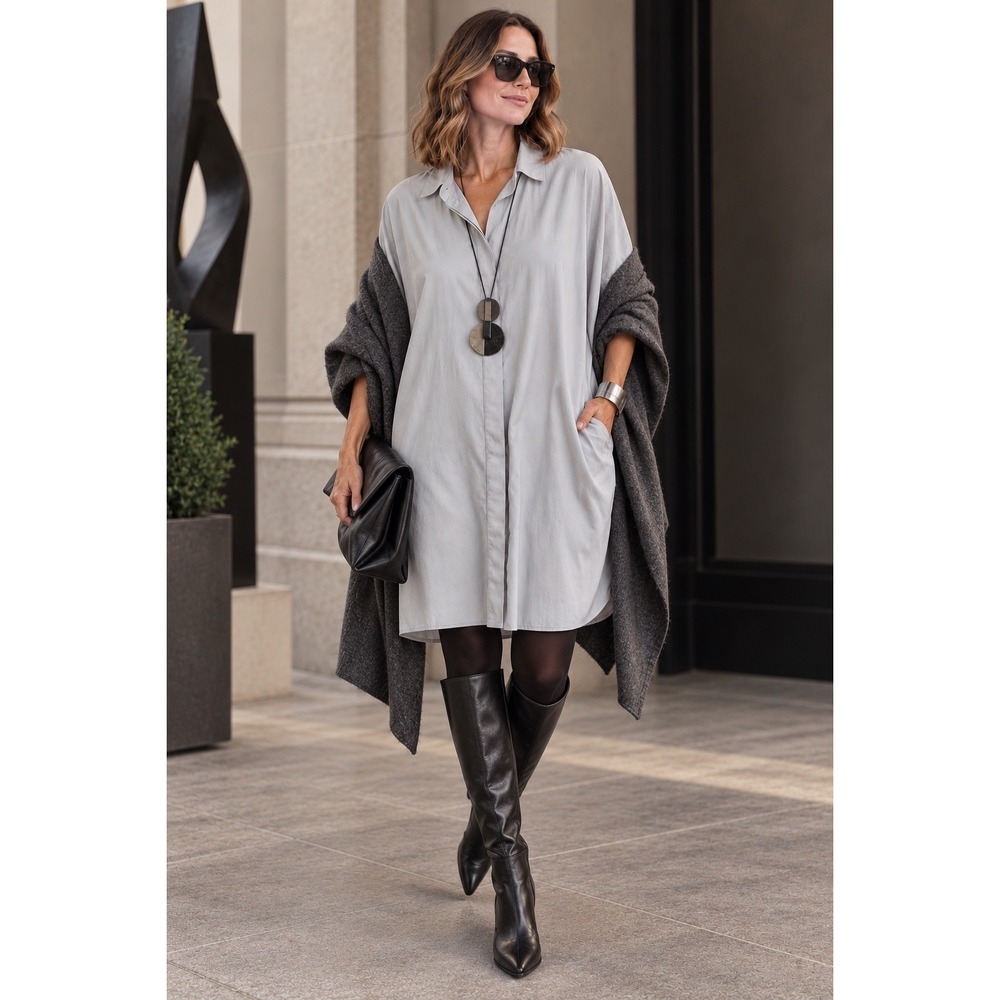 COS Button Up Shirt Dress M Midi Lagenlook Minimalist Artsy Neutral Dove Gray